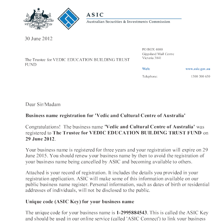 Registration of Vedic and Cultural Centre of Australia — June 2012