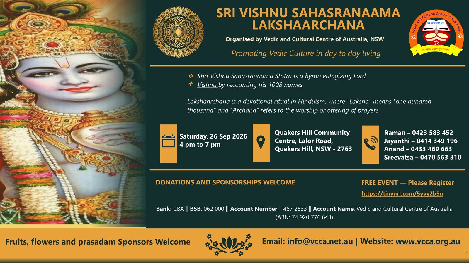 Sri Vishnu Sahasranaama Lakshaarchana, Saturday 26 September 2026, 4 pm to 7 pm, Quakers Hill Community Centre